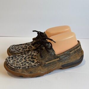 Twisted X Leather Leopard Print Boat Shoes